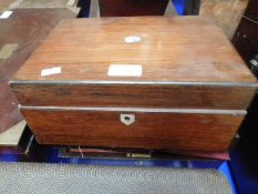 TWO ROSEWOOD AND MOTHER OF PEARL INLAID TABLE TOP BOXES, ONE WITH FITTED CONTENTS (2)