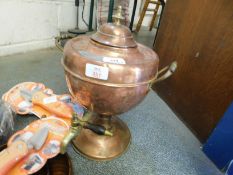 LATE 19TH CENTURY COPPER TEA URN OF TYPICAL FORM WITH BRASS HANDLES AND TAP, 36CM HIGH