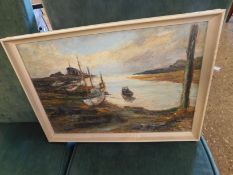 JOAN MADGE OIL ON BOARD OF A HARBOUR SCENE