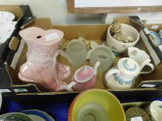 TRAY CONTAINING MIXED TEA POTS, CANDLE STANDS AND A MODEL OF SHOES