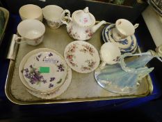 TRAY CONTAINING ROYAL ALBERT LAVENDER ROSE TEA POT, ROYAL DOULTON NORFOLK PLATES ETC