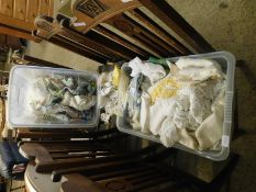 THREE BOXES OF MIXED LINENS, CROCHET WARES ETC