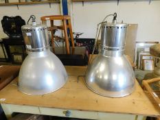 GOOD QUALITY SET OF THREE STAINLESS STEEL INDUSTRIAL HANGING LIGHTS