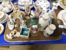 TRAY CONTAINING MIXED CONTINENTAL FIGURES, A BESWICK SIAMESE CAT ORNAMENT ETC