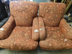 PAIR OF MODERN CLUB CHAIRS WITH CORAL AND GOLD UPHOLSTERY