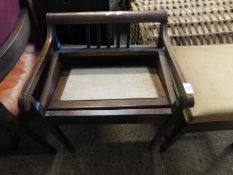 EDWARDIAN MAHOGANY AND SATINWOOD BANDED PIANO STOOL WITH SIDE RAILS AND BACK