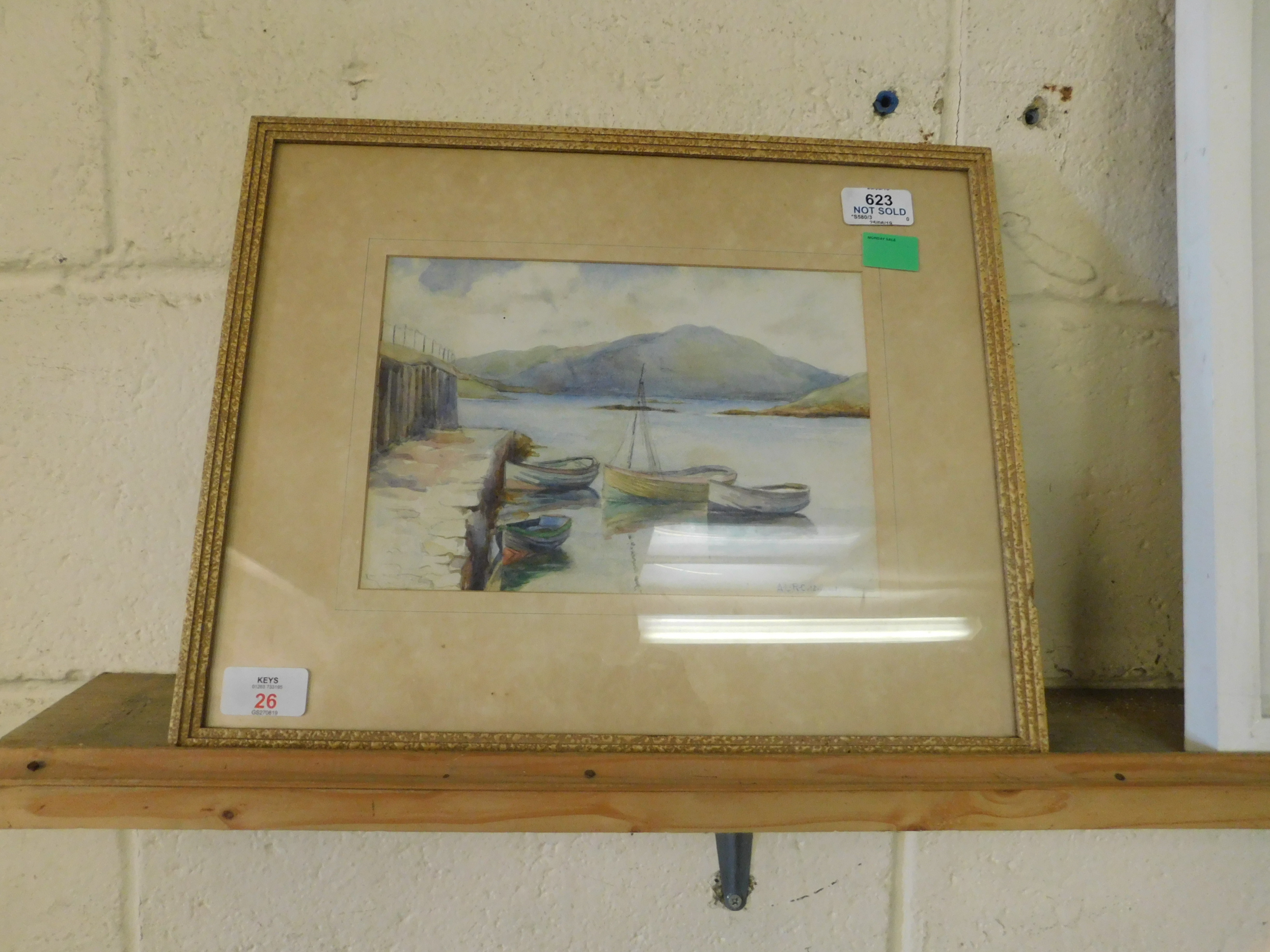 A L R CALDERWOOD, SIGNED WATERCOLOUR, "APPIN PIER, PORT APPIN", 17 X 24CM