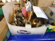 BOX CONTAINING MIXED BRASS WARES, SILVER PLATED CANDELABRA ETC