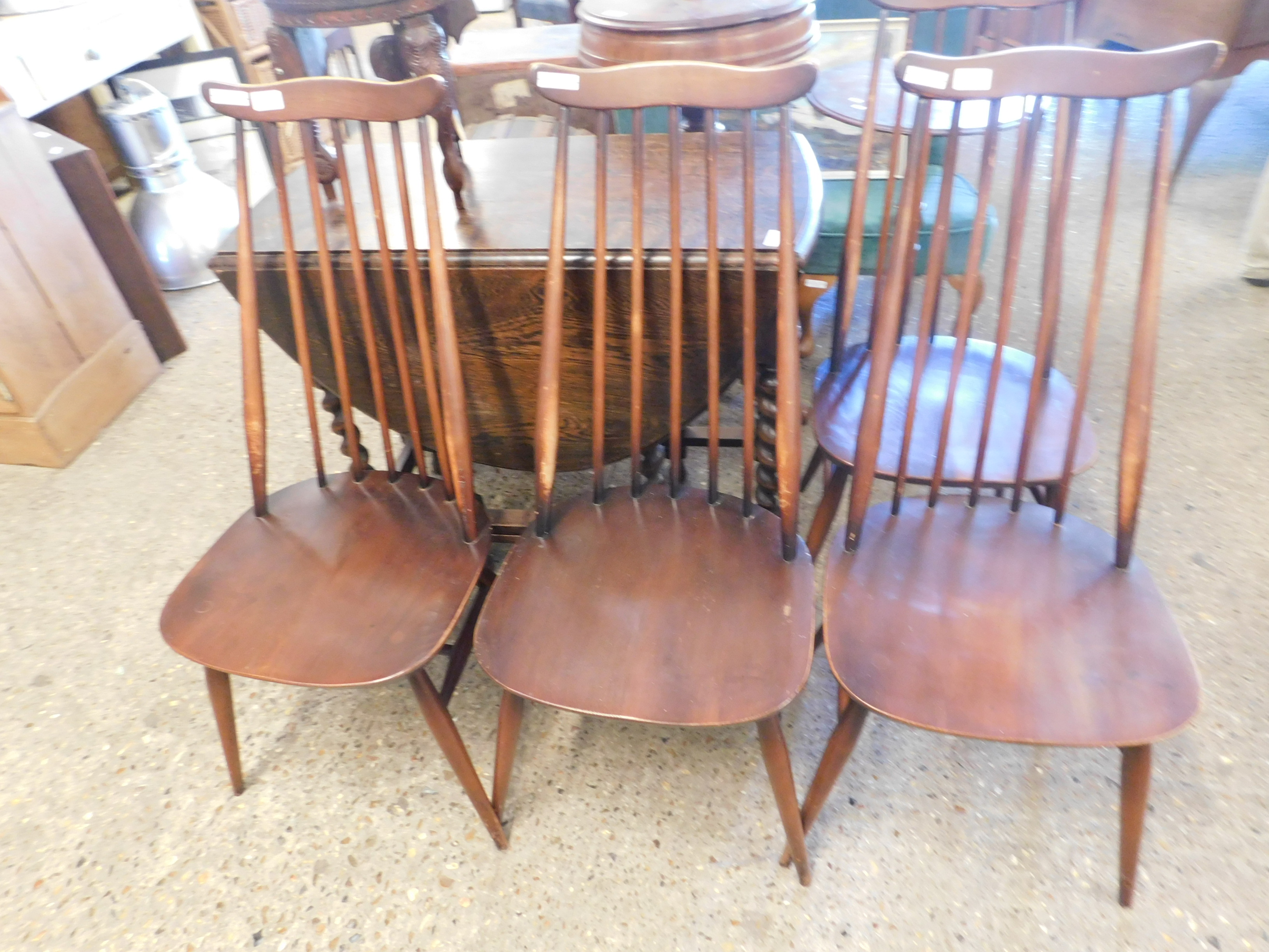 SET OF FOUR DARK STAINED ERCOL HIGH STICK BACK CHAIRS