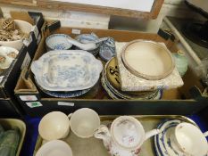 BOX OF VARIOUS CERAMICS INCLUDING SANDLAND, SILVER PLATED RIMMED BOWL, SET OF RICE BOWLS, SPOONS ETC