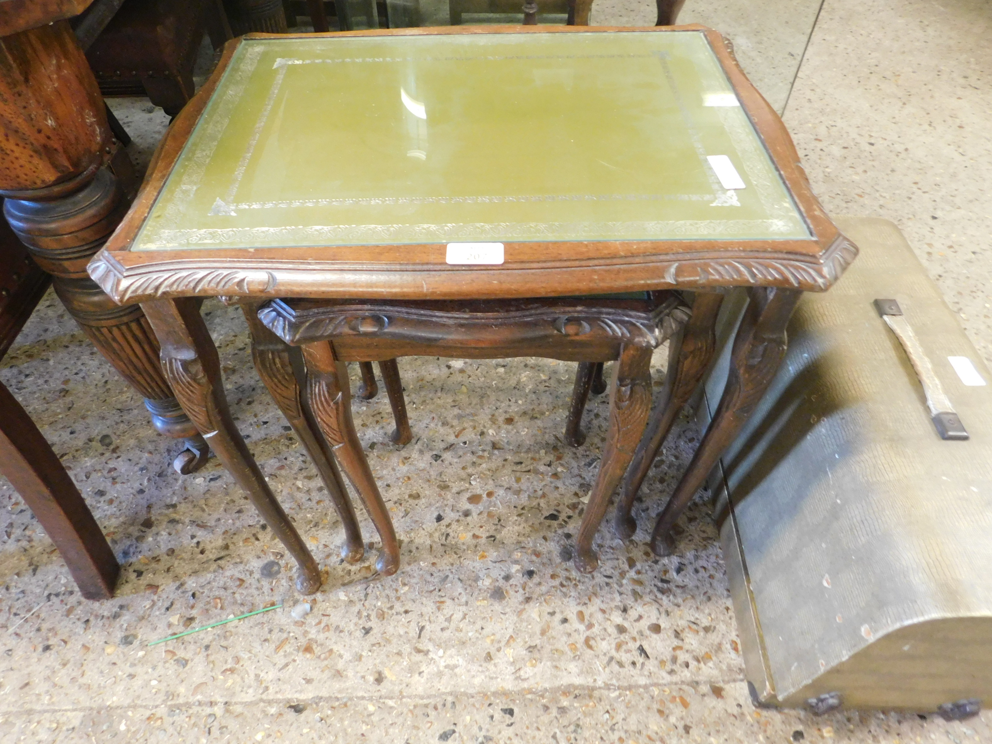 TEAK SET OF THREE NESTING TABLES WITH GREEN LEATHER INSERTS