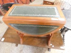 REPRODUCTION SMALL PROPORTIONED YEW WOOD DROP LEAF TABLE WITH LEATHER INSERT