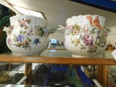 PAIR OF THURINGIAN CONTINENTAL JARDINIERES DECORATED WITH FLOWERS IN CHELSEA STYLE, 13CM HIGH