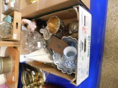 BOX CONTAINING QUANTITY OF VARIOUS HOUSEHOLD GLASS WARE, TOGETHER WITH TABLE LIGHTER, BOXED SILVER