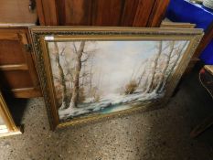 GILT FRAMED CONTINENTAL OIL ON CANVAS OF A WINTER LANDSCAPE