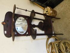 EDWARDIAN MAHOGANY SHAPED SHELF UNIT WITH TURNED SPINDLE SUPPORTS WITH CENTRAL OVAL MIRROR