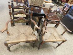 PAIR OF CONTINENTAL WALNUT ARMCHAIRS WITH LADDER TYPE BACK AND RATTAN SEATS ON A SHAPED X