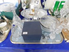 TRAY CONTAINING MIXED GLASS DECANTERS, BASKETS, SILVER PLATED BOWL ETC