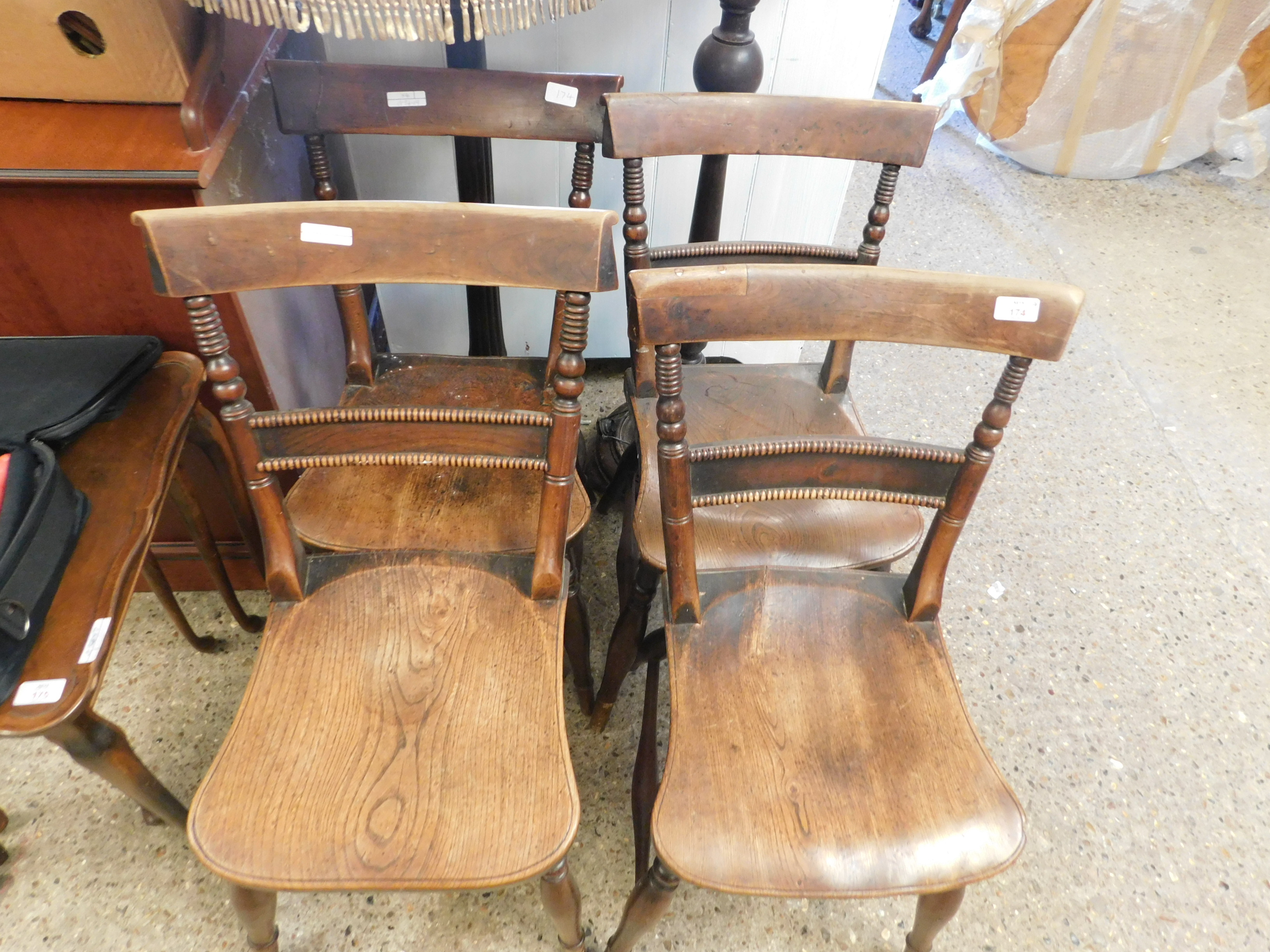 GOOD QUALITY SET OF FOUR MID-19TH CENTURY ELM HARD SEATED BAR BACK DINING CHAIRS WITH BOBBIN