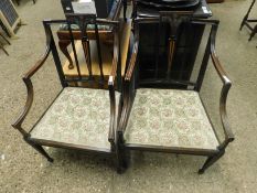 PAIR OF EDWARDIAN MAHOGANY ARMCHAIRS WITH INLAID DETAIL TO BACK SPLAT AND CARVED PRINCE OF WALES