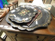 TWO GOOD QUALITY PAPER MACHE PAINTED TRAYS TOGETHER WITH A FURTHER WALL MOUNTED RACK (3)
