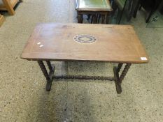 EDWARDIAN WALNUT INLAID RECTANGULAR TABLE ON BOBBIN TURNED SUPPORTS (A/F)