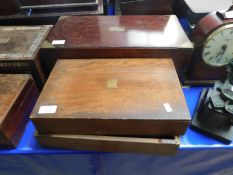 TWO 19TH CENTURY MAHOGANY TABLE BOXES WITH BRASS CORNERS AND ESCUTCHEONS (A/F)
