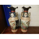 PAIR OF MODERN LARGE ORIENTAL VASES WITH SHAPED HANDLES AND FLARED NECKS WITH DECORATIVE SCENES