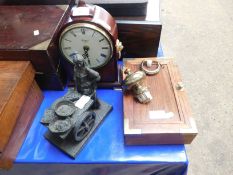 RAPPORT TEAK CASED MANTEL CLOCK, A FURTHER SPELTER FIGURE OF A FISH SELLER AND AN EASTERN HARDWOOD