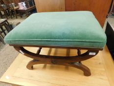 REPRODUCTION MAHOGANY X-FRAME STOOL WITH GREEN DRALON UPHOLSTERED TOP