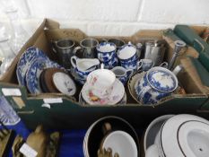 TRAY OF BLUE AND WHITE PRINTED TEA WARES, PEWTER TANKARDS, HIP FLASK ETC