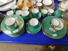 MIXED LOT OF AUSTRIAN GREEN GLAZED AND GILDED TEA WARES WITH PORTRAIT PANELS