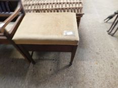 EDWARDIAN MAHOGANY FRAMED AND INLAID PIANO STOOL ON TAPERING SQUARE SPADE LEGS WITH YELLOW DRALON