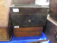 MAHOGANY FRAMED TABLE TOP BOX WITH TROUGH AND DRAWER TOGETHER WITH A 19TH CENTURY MAHOGANY BOX