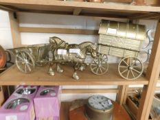TWO BRASS HORSE AND CARRIAGE TYPE ORNAMENTS