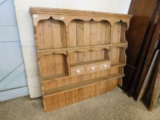 GOOD QUALITY PINE DRESSER BACK WITH THREE SHELVES AND THREE DRAWERS WITH PORCELAIN KNOB HANDLES