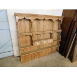 GOOD QUALITY PINE DRESSER BACK WITH THREE SHELVES AND THREE DRAWERS WITH PORCELAIN KNOB HANDLES