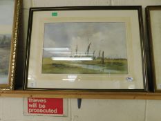 WALTER CULLEN, SIGNED AND DATED 92, PEN, INK AND WATERCOLOUR, BARGES IN AN ESTUARY, 28 X 44CM