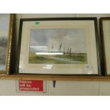 WALTER CULLEN, SIGNED AND DATED 92, PEN, INK AND WATERCOLOUR, BARGES IN AN ESTUARY, 28 X 44CM