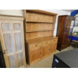 WAX PINE KITCHEN DRESSER WITH TWO FIXED SHELVES, PANEL BACK, BASE WITH THREE DRAWERS OVER THREE