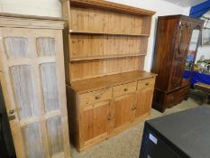 WAX PINE KITCHEN DRESSER WITH TWO FIXED SHELVES, PANEL BACK, BASE WITH THREE DRAWERS OVER THREE