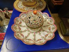 19TH CENTURY CONTINENTAL INK STAND WITH PIERCED FLORAL TRAY AND HINGED LID BARING CROSS SWORD