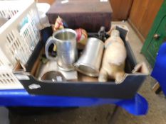 MIXED LOT CONTAINING SILVER PLATED CIGARETTE BOX, PEWTER TANKARDS, CARVED MINIATURE ROCKING HORSE