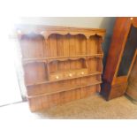 GOOD QUALITY PINE DRESSER BACK WITH THREE SHELVES AND THREE DRAWERS WITH PORCELAIN KNOB HANDLES
