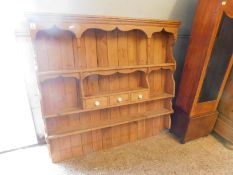 GOOD QUALITY PINE DRESSER BACK WITH THREE SHELVES AND THREE DRAWERS WITH PORCELAIN KNOB HANDLES