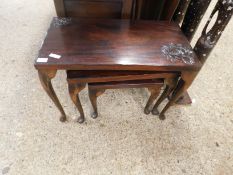 SET OF THREE BEECHWOOD NESTING TABLES WITH CARVED FLORAL TOPS