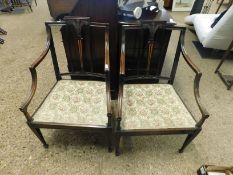 PAIR OF EDWARDIAN MAHOGANY ARMCHAIRS WITH INLAID DETAIL TO BACK SPLAT AND CARVED PRINCE OF WALES