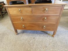 MAHOGANY FRAMED TWO OVER TWO FULL WIDTH DRAWER CHEST WITH BRASS DROPLET HANDLES RAISED ON BUN FEET