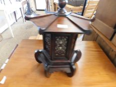 EASTERN HARDWOOD PAGODA TOPPED SIDE LAMP WITH FRET WORK PANELS TOGETHER WITH A FURTHER FRET WORK