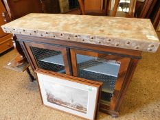 REGENCY TYPE CABINET WITH PAINTED METAL TOP WITH GRILL FRONT RAISED ON BUN FEET